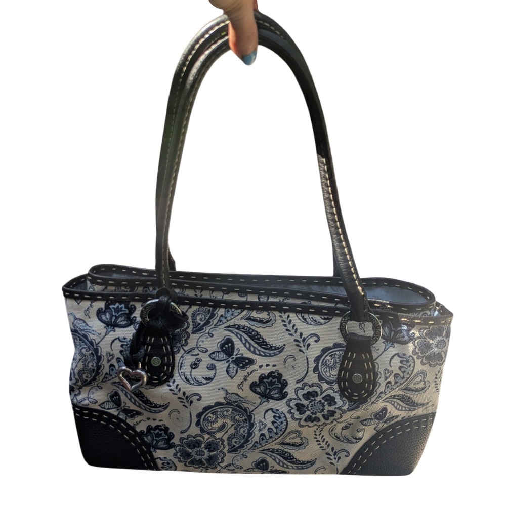 Brighton Blue Floral Paisley Canvas Leather Trim Shoulder Bag Tote D433222 - Picture 4 of 9